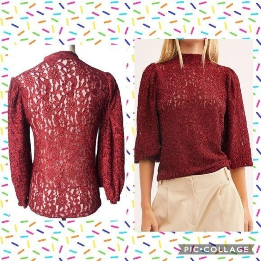 Free People Sweet Talker Lace Top Maroon Red Small Puff Sleeve